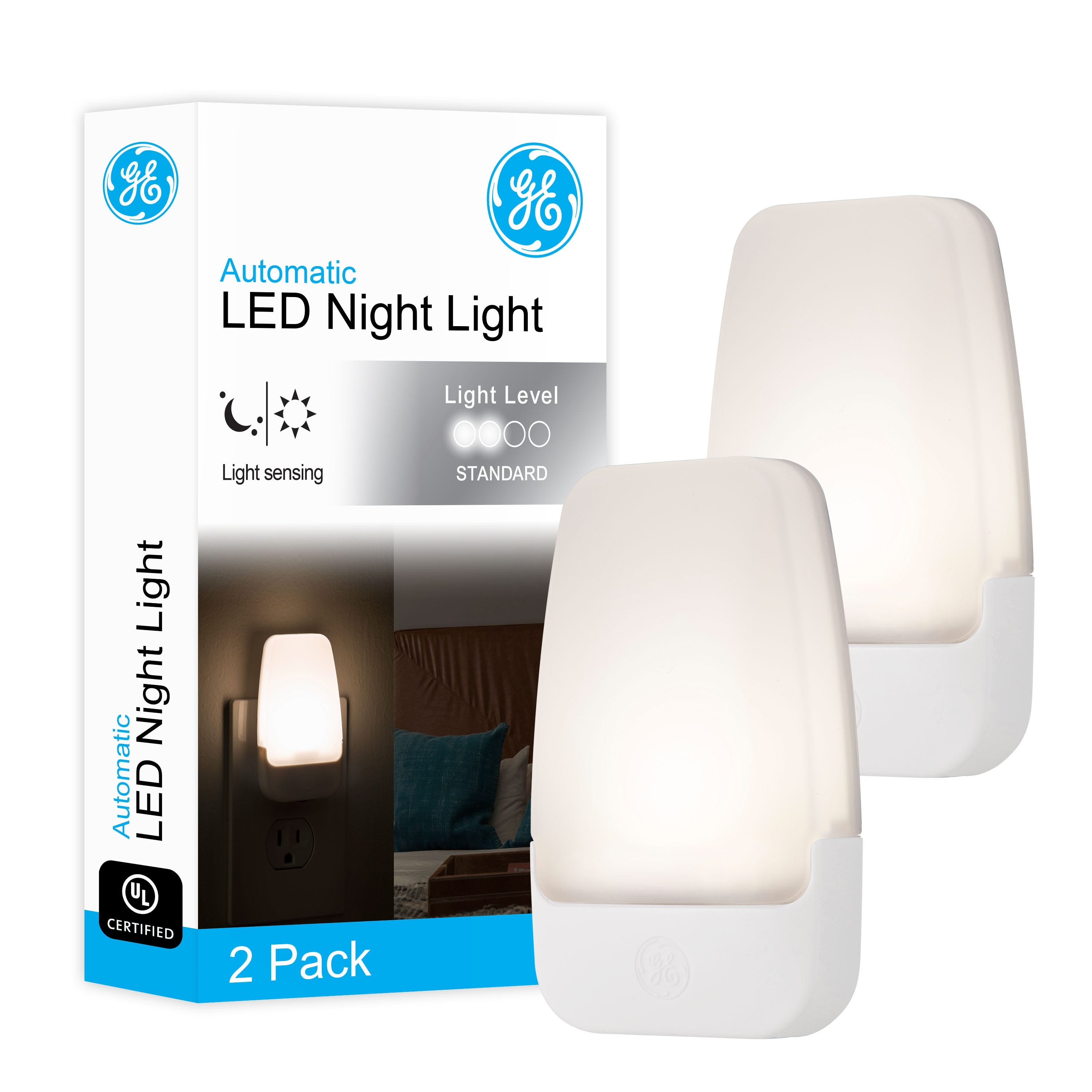 GE Light Sensing LED Night Light, 2 Pack, White