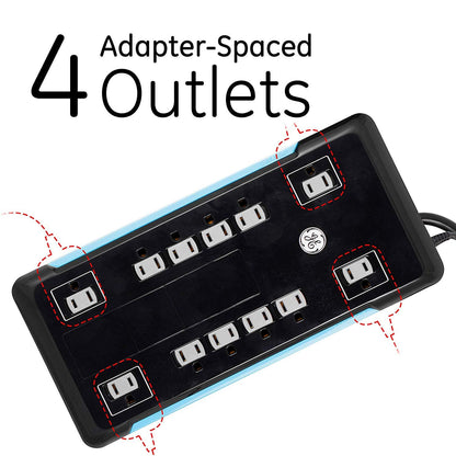 GE 12-Outlet 8ft. Surge Protector with 2-USB Tether, Black