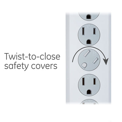 GE 6-Outlet 6ft. Surge Protector With Twist-To-Close Safety Covers, 2 Pack, White