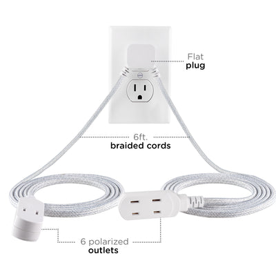 Cordinate 3-Outlet 12ft. Dual Split Extension Cord Braided, Indoor, White