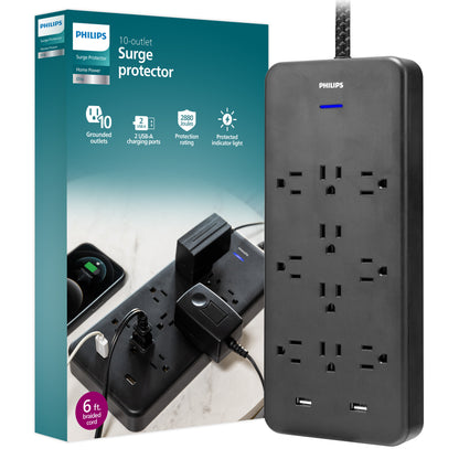 Philips 10-Outlet 6ft. 2 USB-A Surge Protector With Adapter-Spaced Outlets, Black