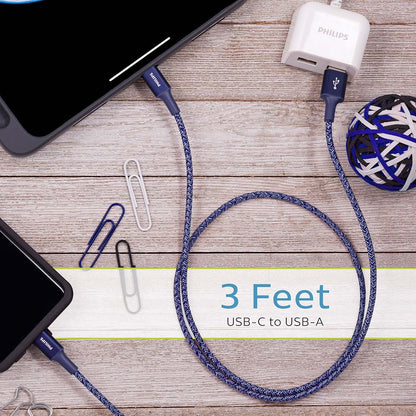Philips 3ft. USB-A to USB-C Braided Charging Cable, Blue
