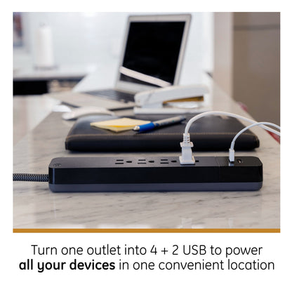 GE Pro 4-Outlet 2-USB 3ft. Surge Protector, Black