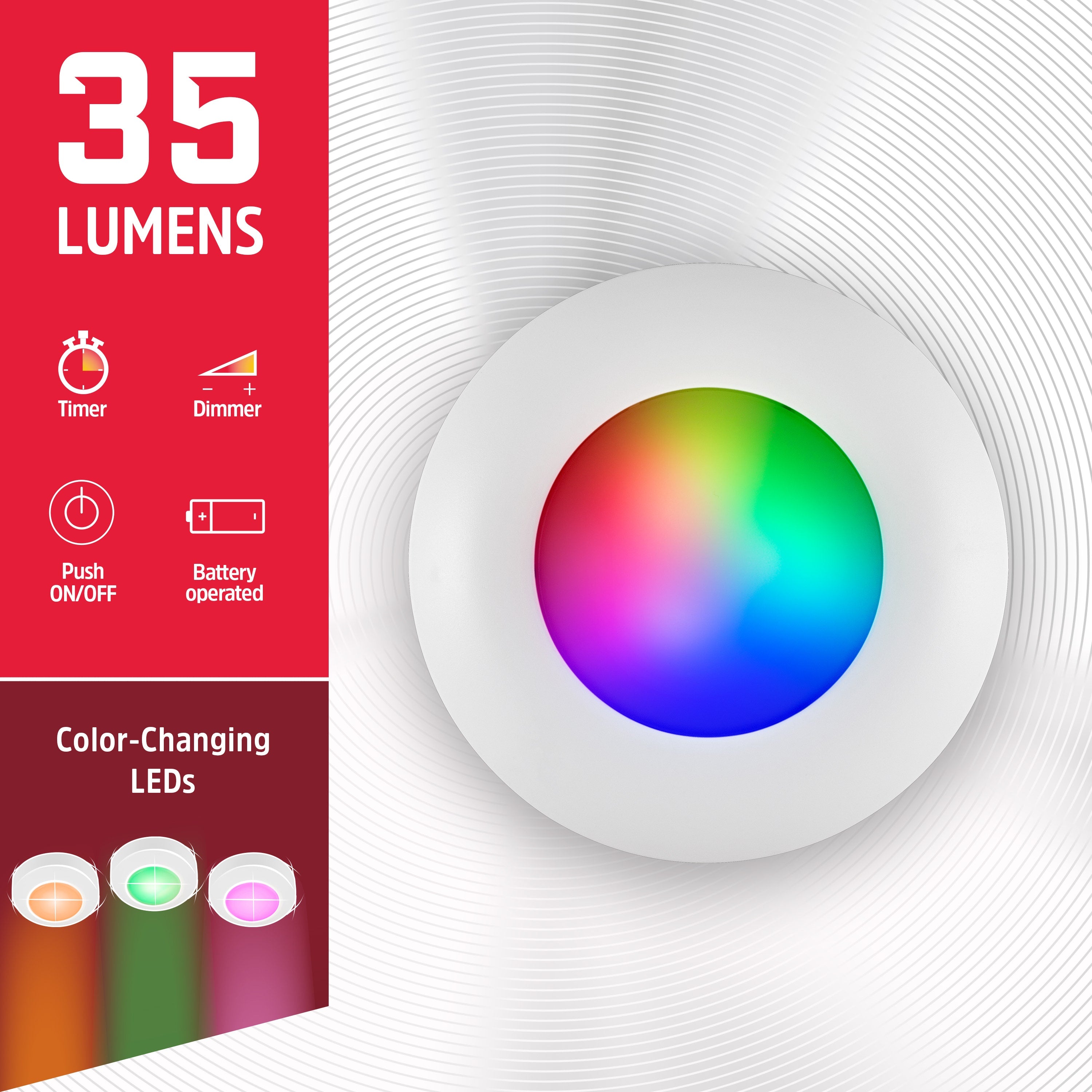 Energizer Battery Operated Color-Changing LED Puck Lights with Remote, 3 Pack, White