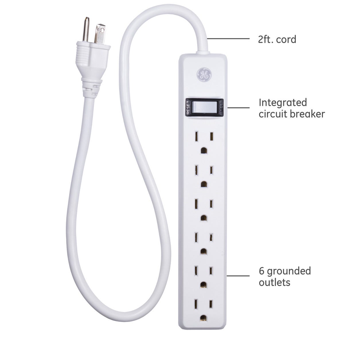 GE 6-Outlet 2ft. Power Strip, 2 Pack, White