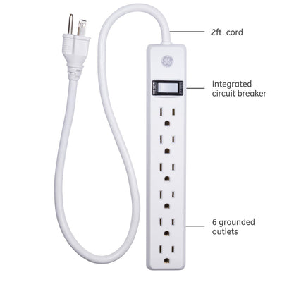 GE 6-Outlet 2ft. Power Strip, 2 Pack, White