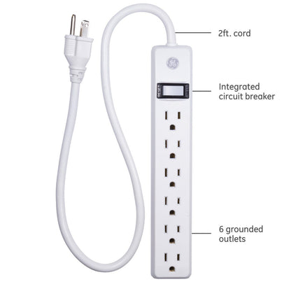 GE 6-Outlet 2ft. Power Strip, 2 Pack, White