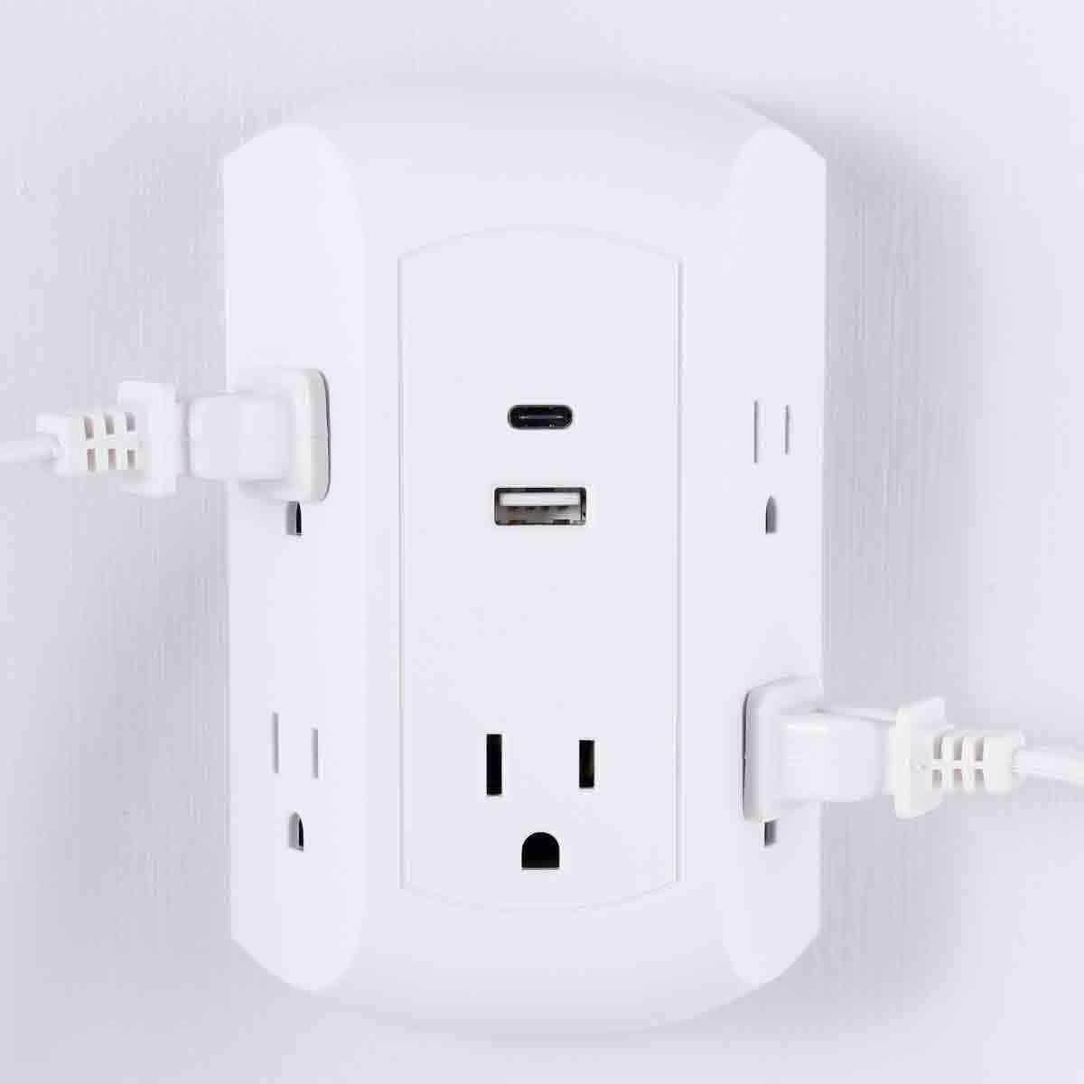 GE 5-Outlet 2-USB Wall Tap with Surge Protection and USB-C, White