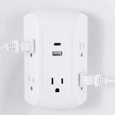 GE 5-Outlet 2-USB Wall Tap with Surge Protection and USB-C, White