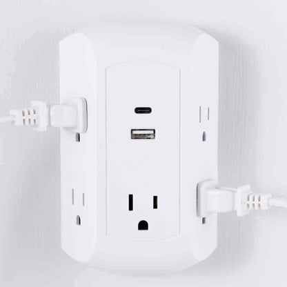 GE 5-Outlet 2-USB Wall Tap with Surge Protection and USB-C, White