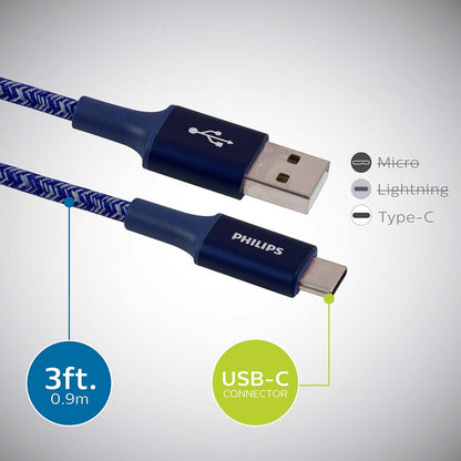 Philips 3ft. USB-A to USB-C Braided Charging Cable, Blue