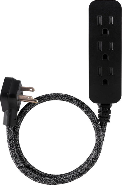 Cordinate 3-Outlet 2ft. Braided Extension Cord with Flat Plug, Black/Gray