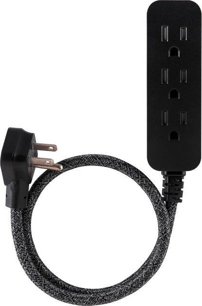 Cordinate 3-Outlet 2ft. Braided Extension Cord with Flat Plug, Black/Gray