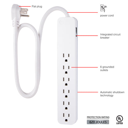 GE 6-Outlet Surge Protector, 2ft., White, 2 Pack