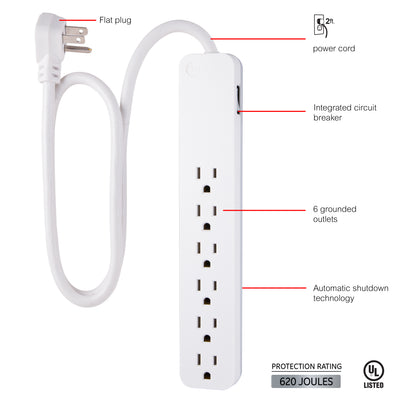 GE 6-Outlet Surge Protector, 620J, 2ft. White, 2pk