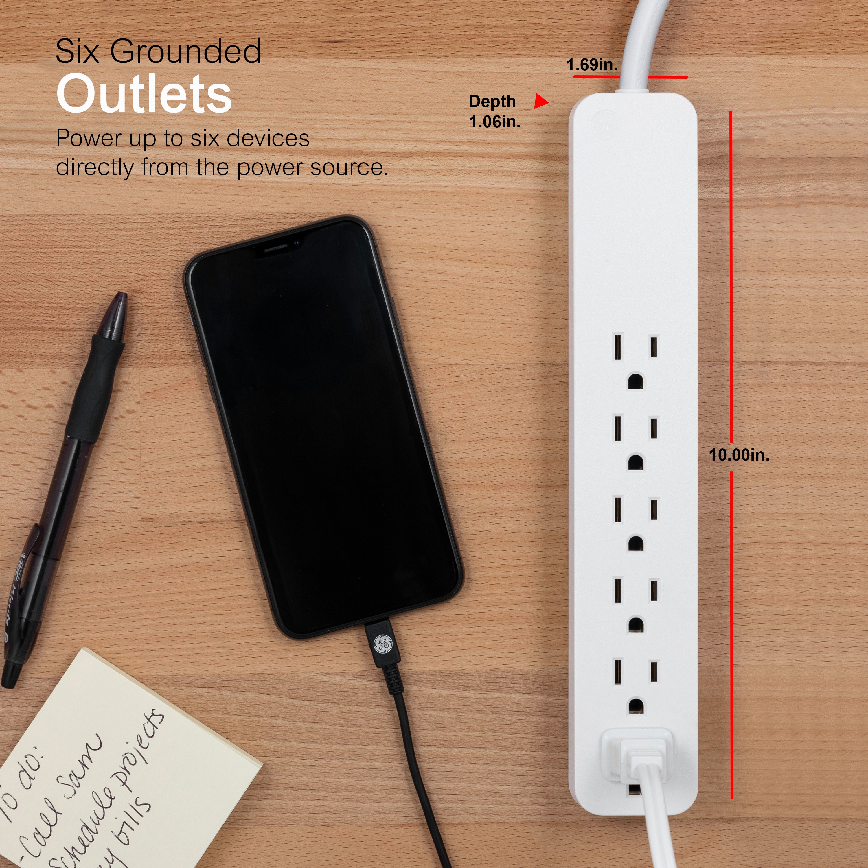 GE 6-Outlet Surge Protector, 620J, 2ft. White, 2pk