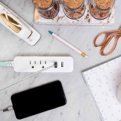 Cordinate 2-Outlet 2-USB Charging Braided Extension Cord with Surge Protection, 10ft., White/Mint