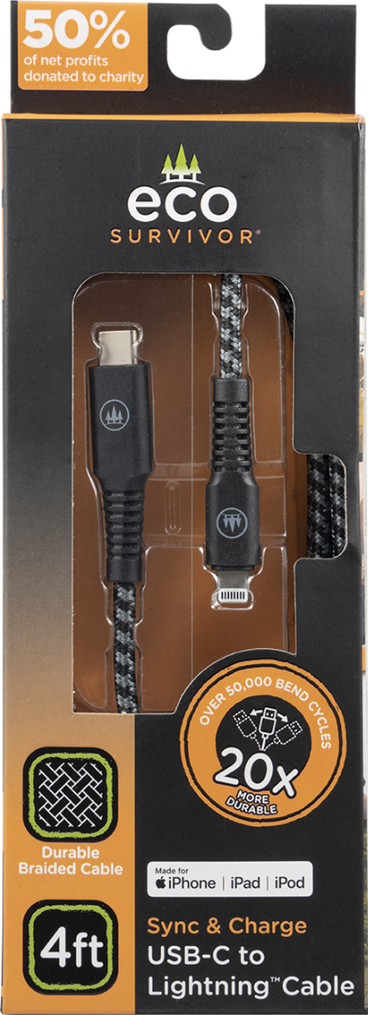 EcoSurvivor 4ft. USB-C to Lightning™ Charging Cable, Black