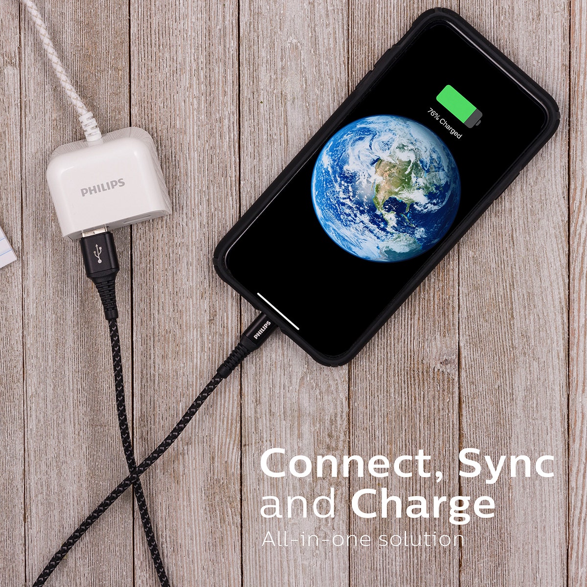 Philips 6ft. USB-A Lightning Charging Cable with Braided Cord, Black/Gray