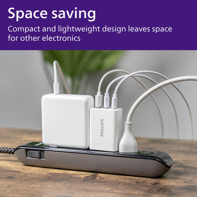 Philips AC Charger, 1 USB-A, 2 USB-C Port, GaN, 65W, White