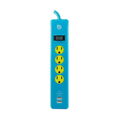 Uber 4-Outlet 2-USB 4ft. Power Strip, Blue/Yellow