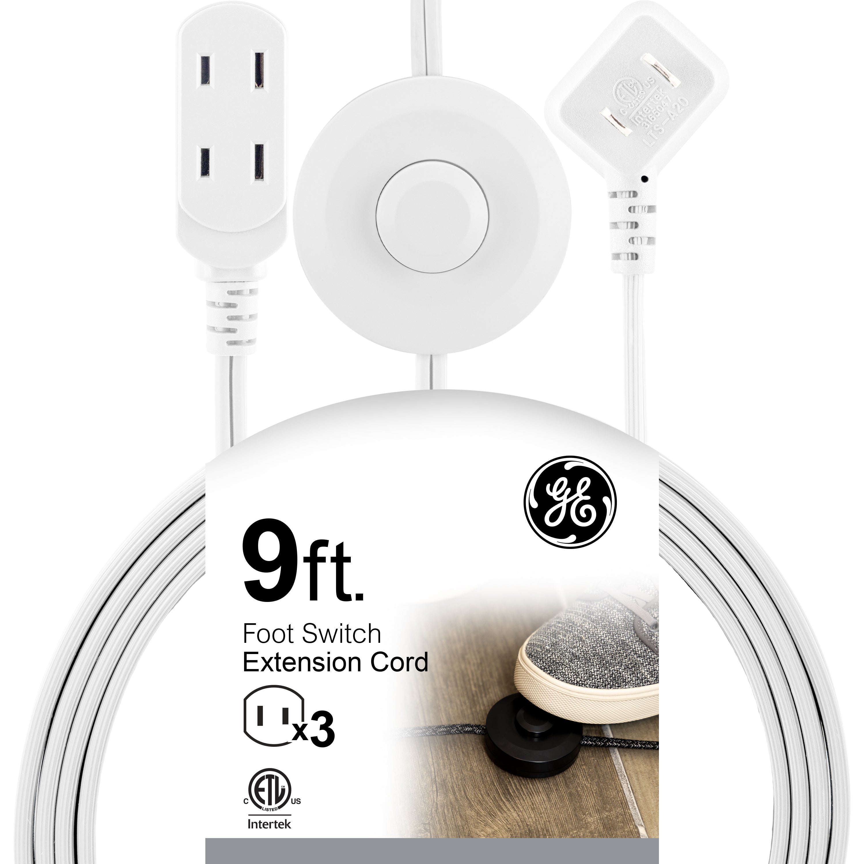 GE 3-Outlet Polarized Extension Cord, Indoor, Foot Switch, 16AWG, 9ft., White