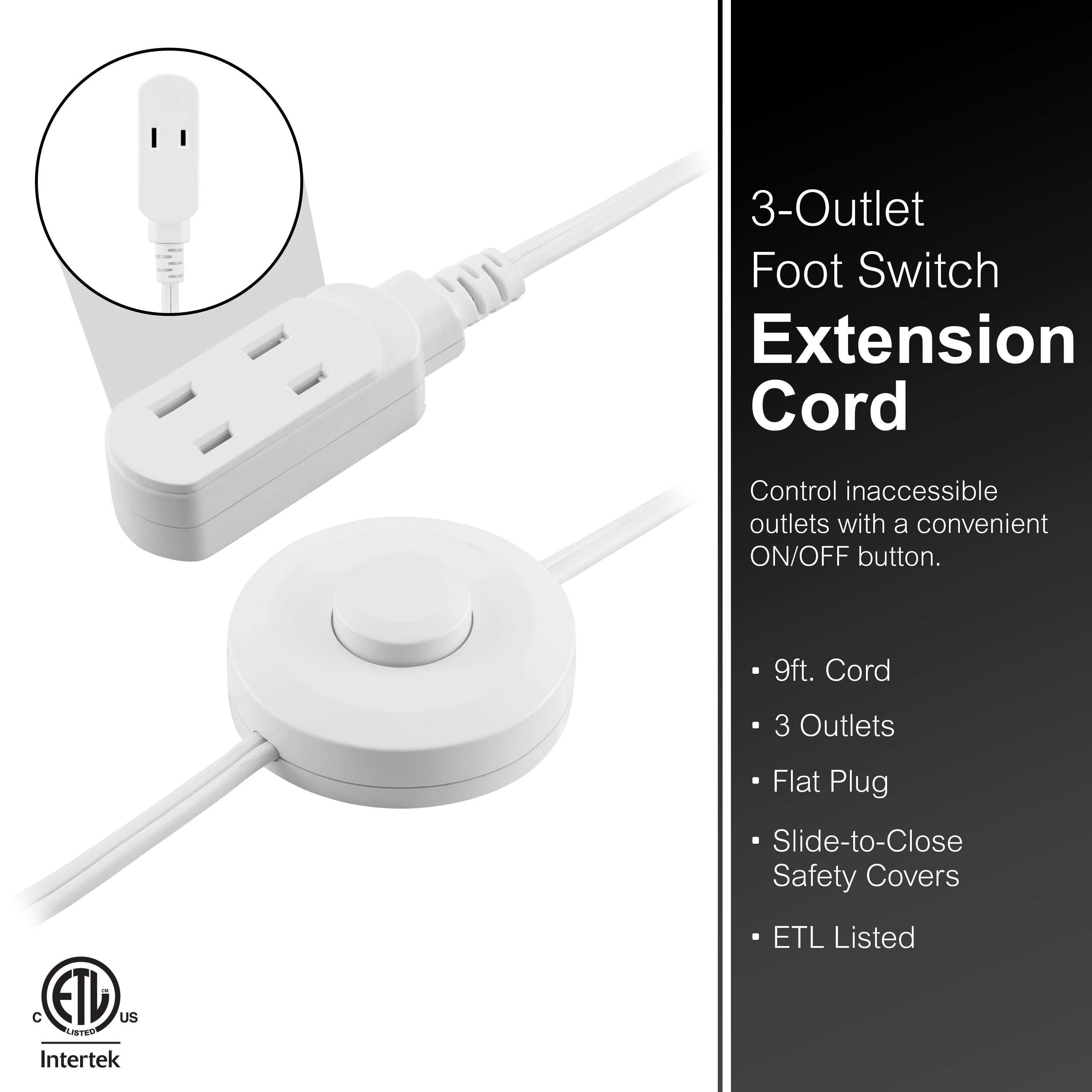 GE 3-Outlet Polarized Extension Cord, Indoor, Foot Switch, 16AWG, 9ft., White