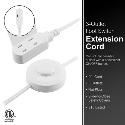 GE 3-Outlet Polarized Extension Cord, Indoor, Foot Switch, 16AWG, 9ft., White