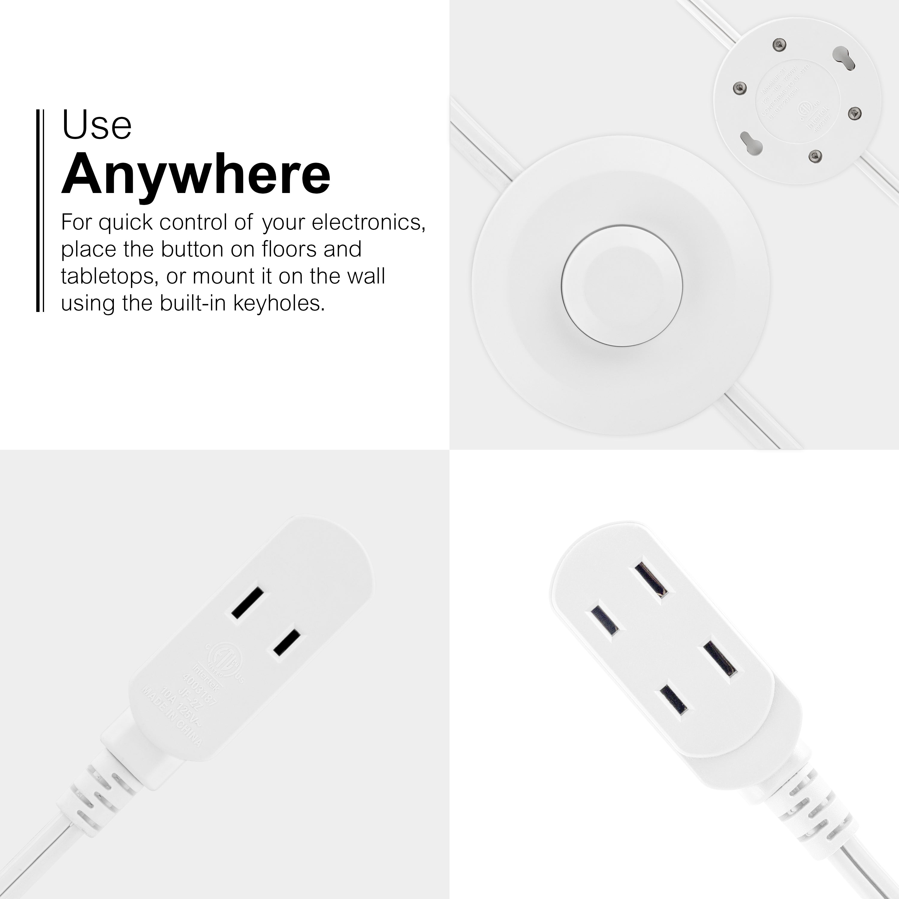 GE 3-Outlet Polarized Extension Cord, Indoor, Foot Switch, 16AWG, 9ft., White