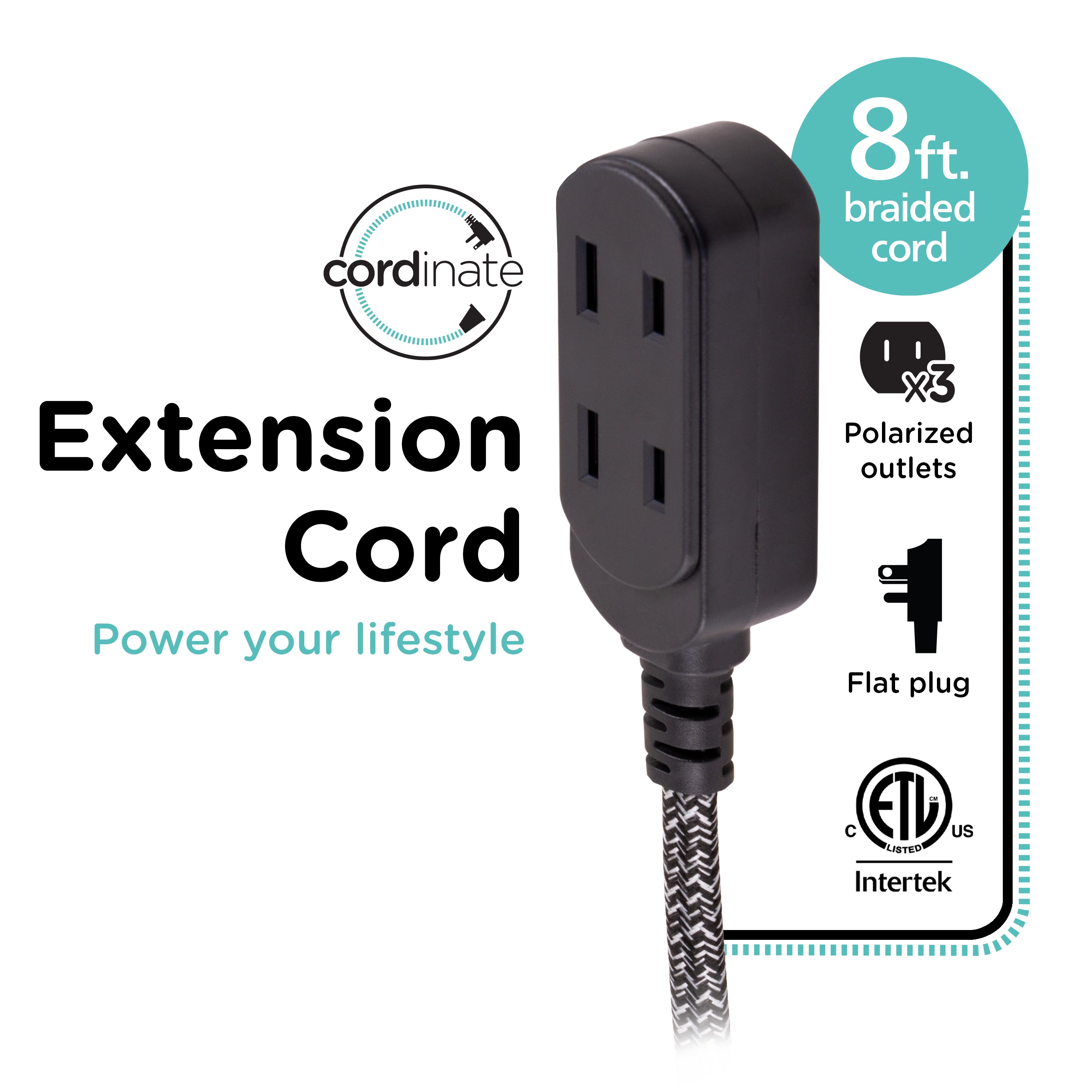 Cordinate 8ft. 3-Outlet Polarized Extension Cord, Black/Gray Heather, Braided Cord