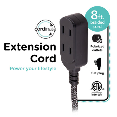 Cordinate 8ft. 3-Outlet Polarized Extension Cord, Black/Gray Heather, Braided Cord