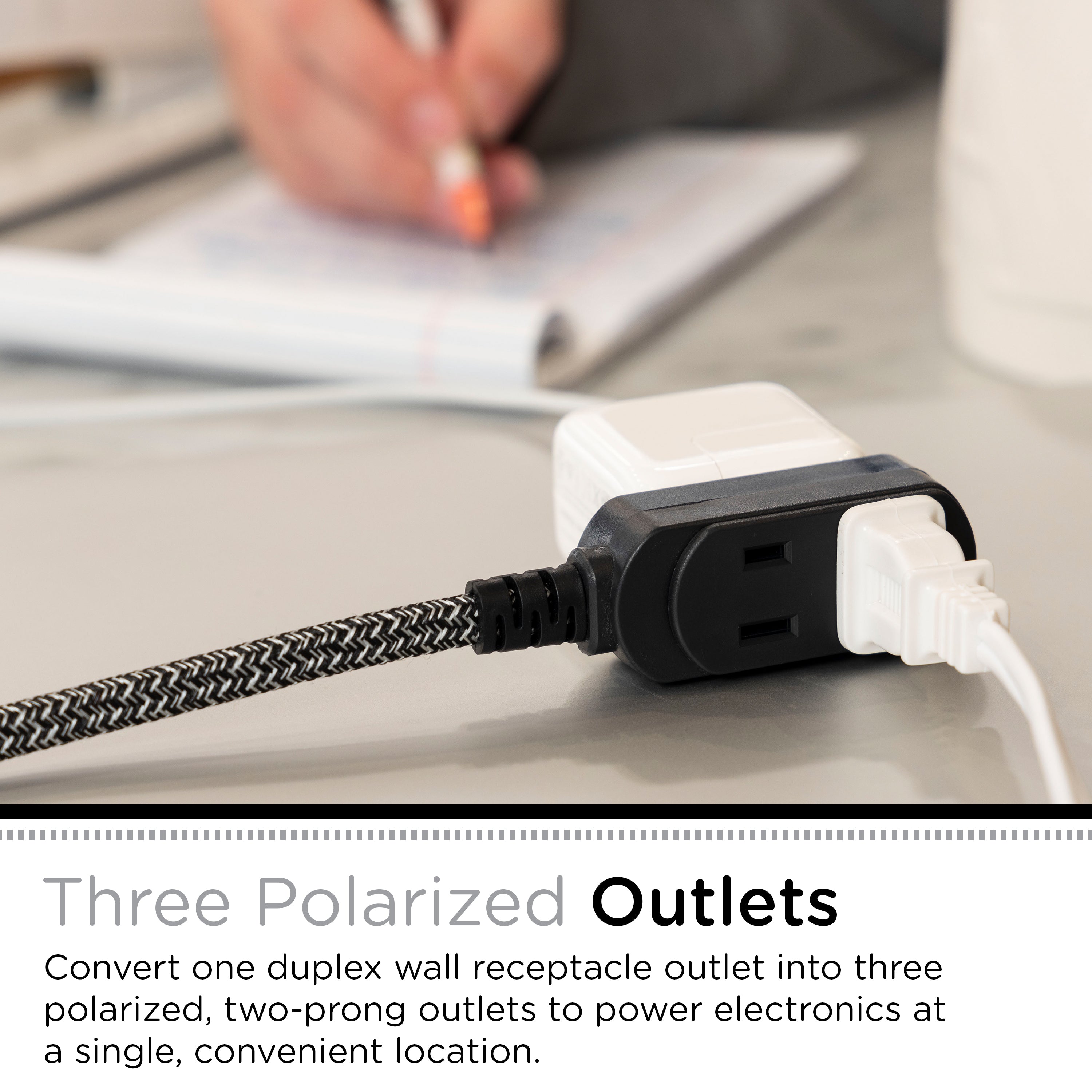 Cordinate 8ft. 3-Outlet Polarized Extension Cord, Black/Gray Heather, Braided Cord