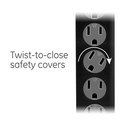 GE 6-Outlet 2ft. Surge Protector With Twist-To-Close Safety Covers, Black
