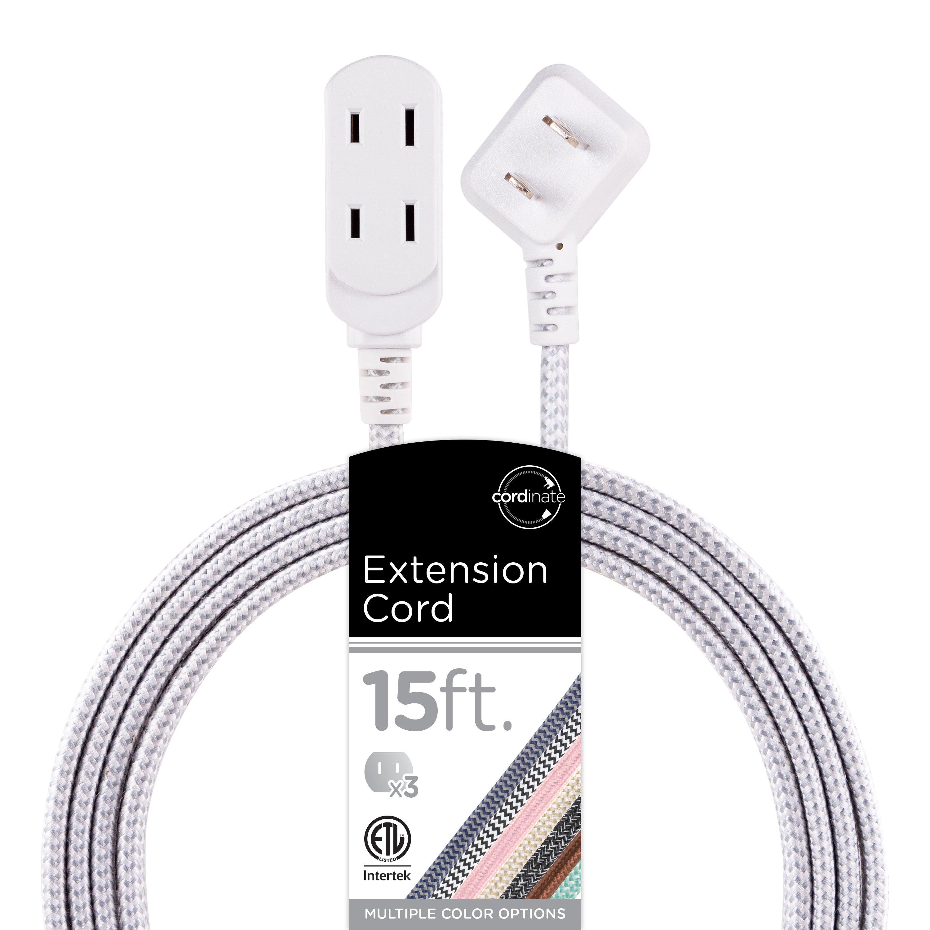 Cordinate 15ft. 3-Outlet Polarized Extension Cord, White/Gray, Braided Cord