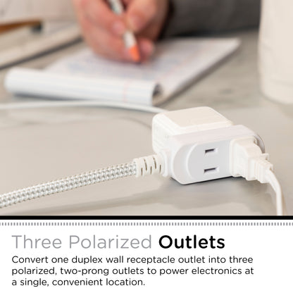 Cordinate 15ft. 3-Outlet Polarized Extension Cord, White/Gray, Braided Cord