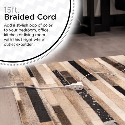 Cordinate 15ft. 3-Outlet Polarized Extension Cord, White/Gray, Braided Cord