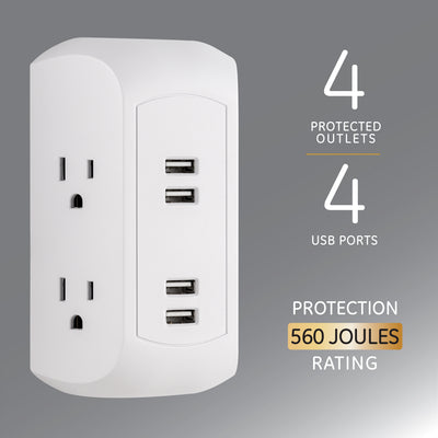 GE 4-Outlet 4-USB Surge Protector Wall Tap