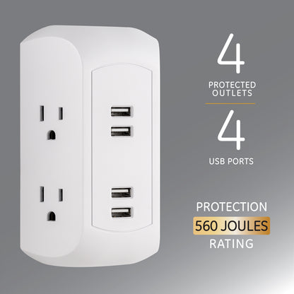 GE 4-Outlet 4-USB Surge Protector Wall Tap