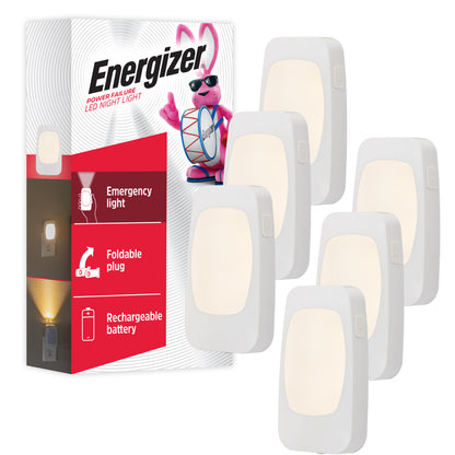 Energizer 4-in-1 Rechargeable Power Failure Light Sensing LED Night Light, White, 6 Pack