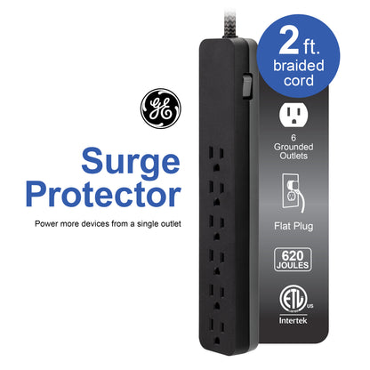GE 6-Outlet Surge Protector Extension Cord, 2ft., braided cord, 620 Joules, Black