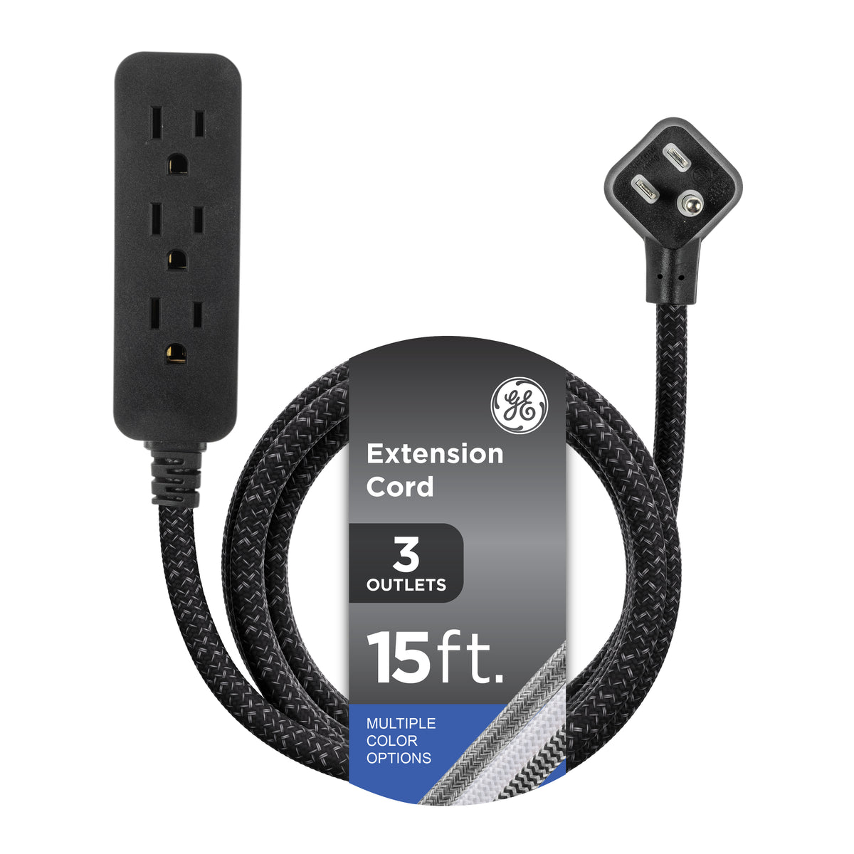 GE Pro Extension Cord with Surge Protection, 15ft., 3-Outlet Surge Black/Gray