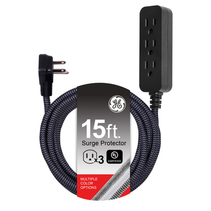 GE Pro Extension Cord with Surge Protection, 15ft., 3-Outlet Surge Black/Gray