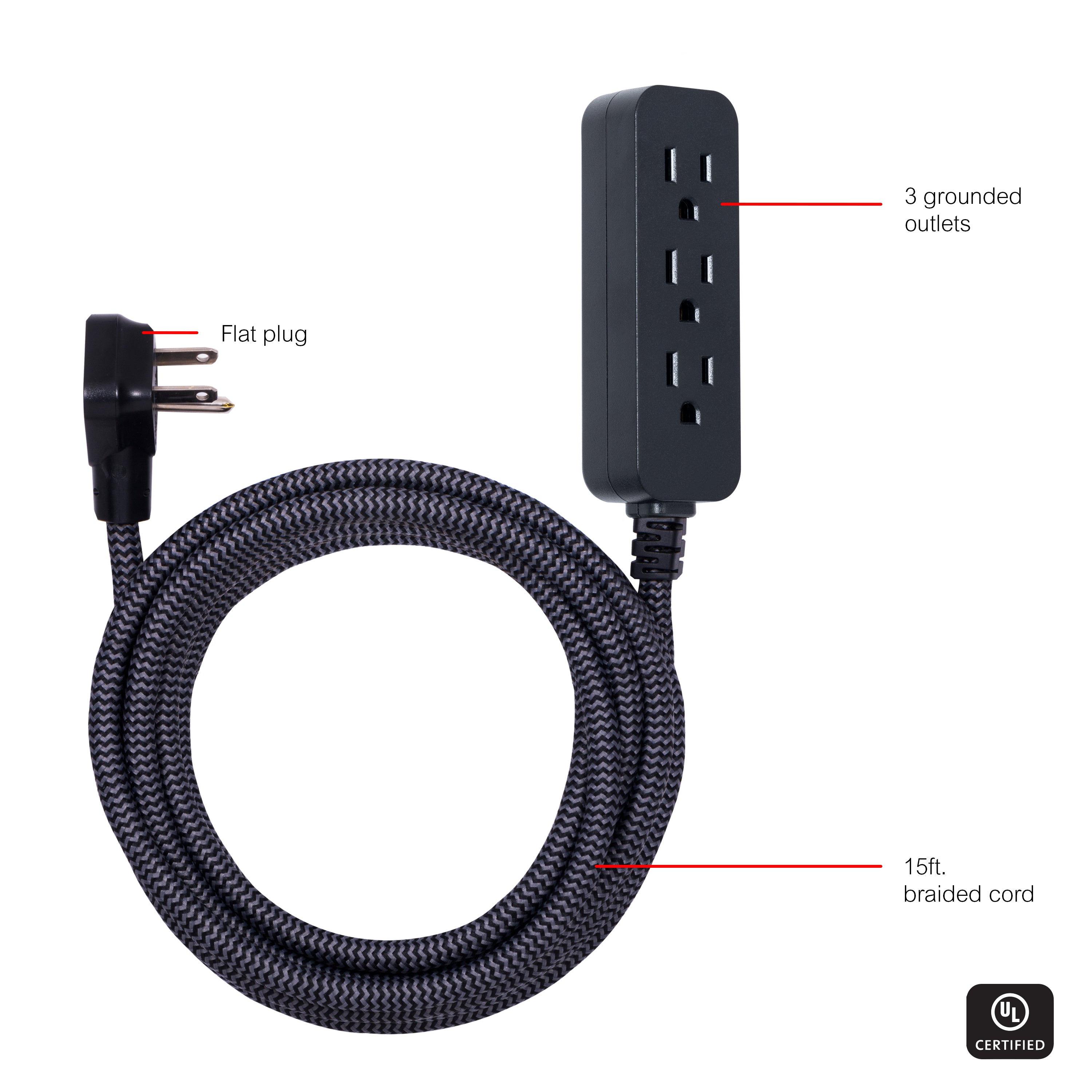 GE Pro Extension Cord with Surge Protection, 15ft., 3-Outlet Surge Black/Gray