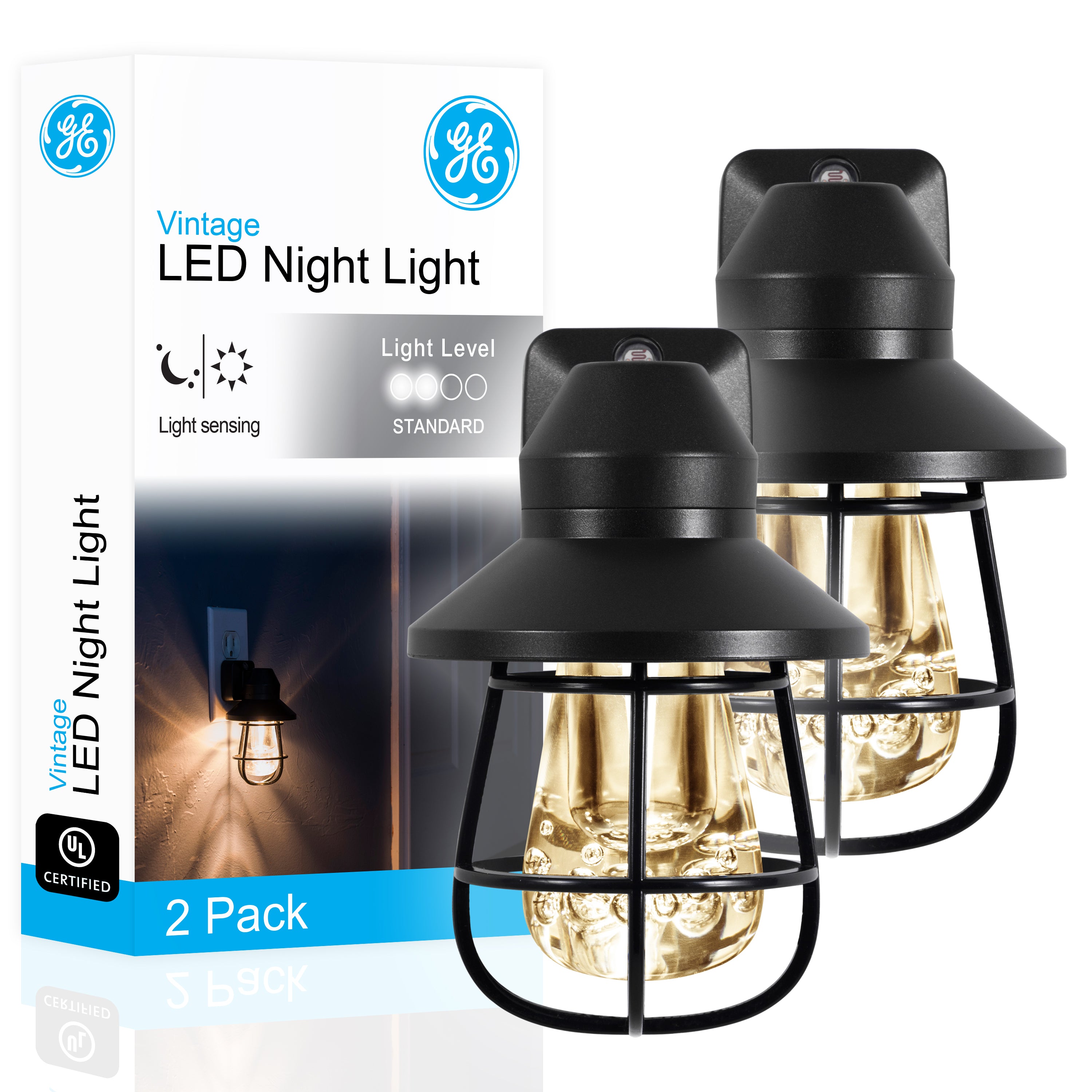 GE Vintage Cage Frame Light Sensing LED Night Light, Black, 2 Pack
