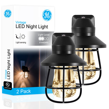 GE Vintage Cage Frame Light Sensing LED Night Light, Black, 2 Pack