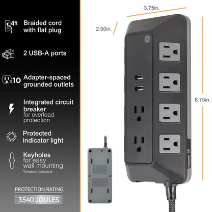 GE 10-Outlet 2-USB 4ft. Surge Protector with Adapter-Spaced Outlets, Black