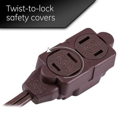GE 3-Outlet 12ft. Extension Cord with Twist-to-Close Outlets, Brown