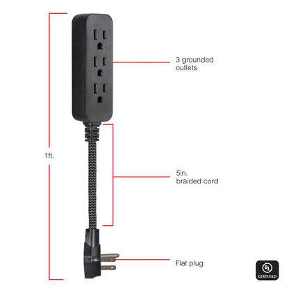 GE Designer 3-Outlet Mini Extension Cord, black/gray, 2pk
