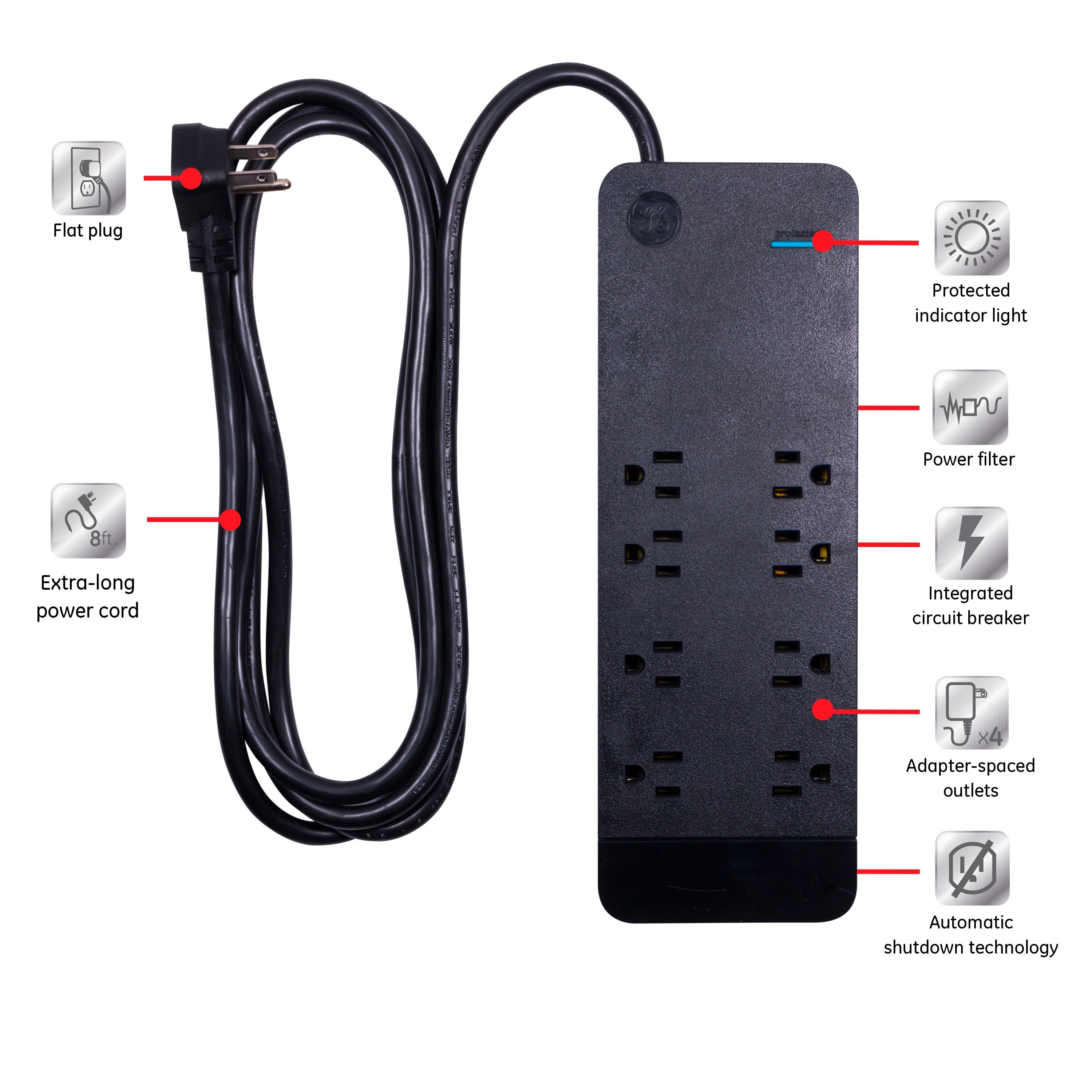 GE 8-Outlet 8ft. Surge Protector, Black