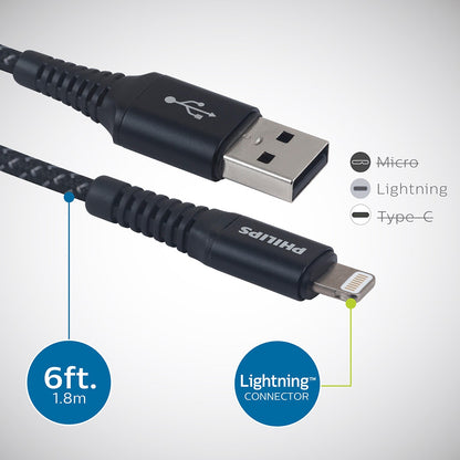 Philips 6ft. USB-A Lightning Charging Cable with Braided Cord, Black/Gray